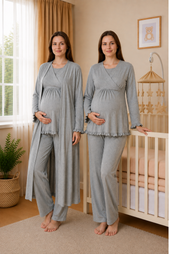Effortt 4044 Gri Gizli Emzirme Özellikli Sabahlıklı Lohusa Pijama Takımı Effortt 4044 Gri Gizli Emzirme Özellikli Sabahlıklı Lohusa Pijama Takımı